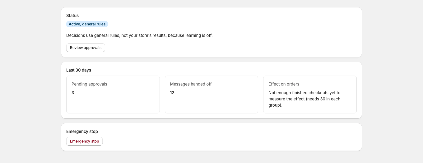 When learning is off, Home explains that decisions use general rules instead of the store's own results.