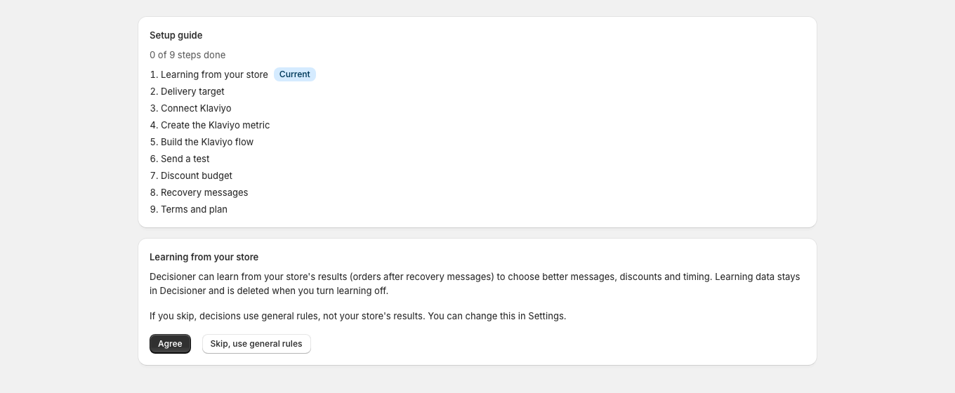 The setup guide starts by asking whether Decisioner may learn from the store's results, with Agree and Skip options.