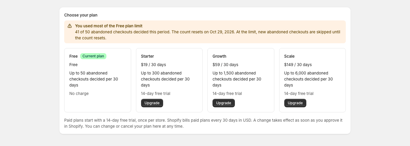 Near the plan limit, a warning shows how many customer events were decided and that new ones are skipped at the limit.