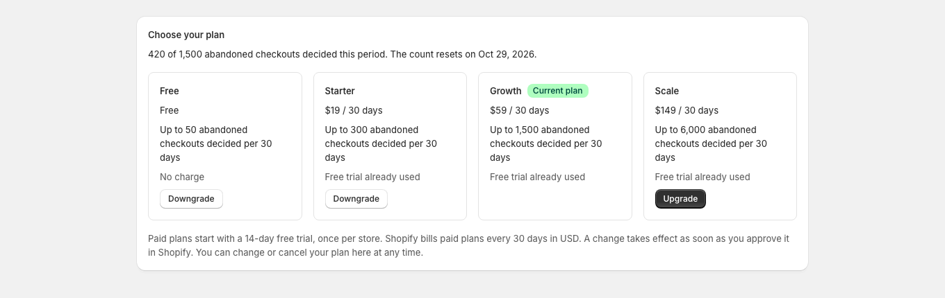 On a paid plan, the picker marks the current plan, shows its usage and offers upgrade or downgrade buttons.