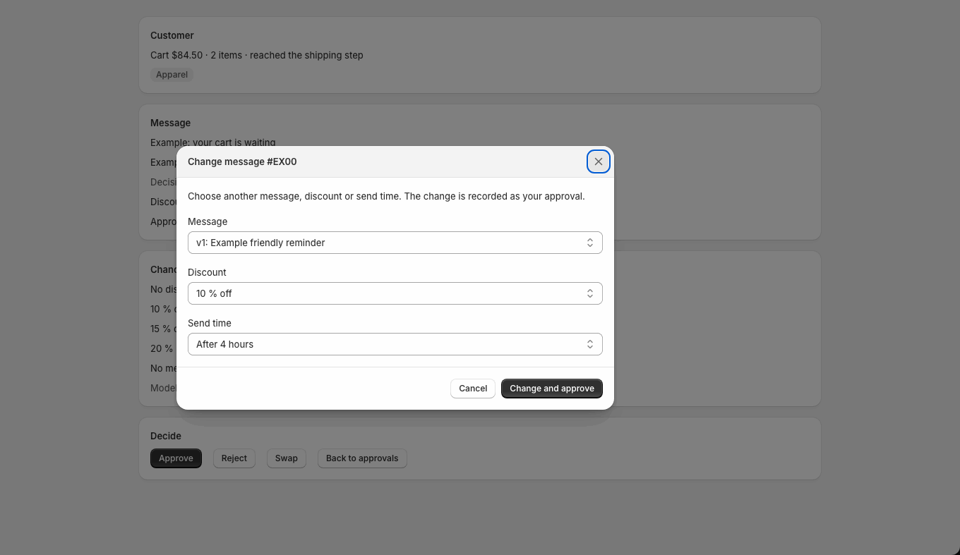 The Change message dialog lets the merchant pick another message, discount or send time; the change counts as their approval.