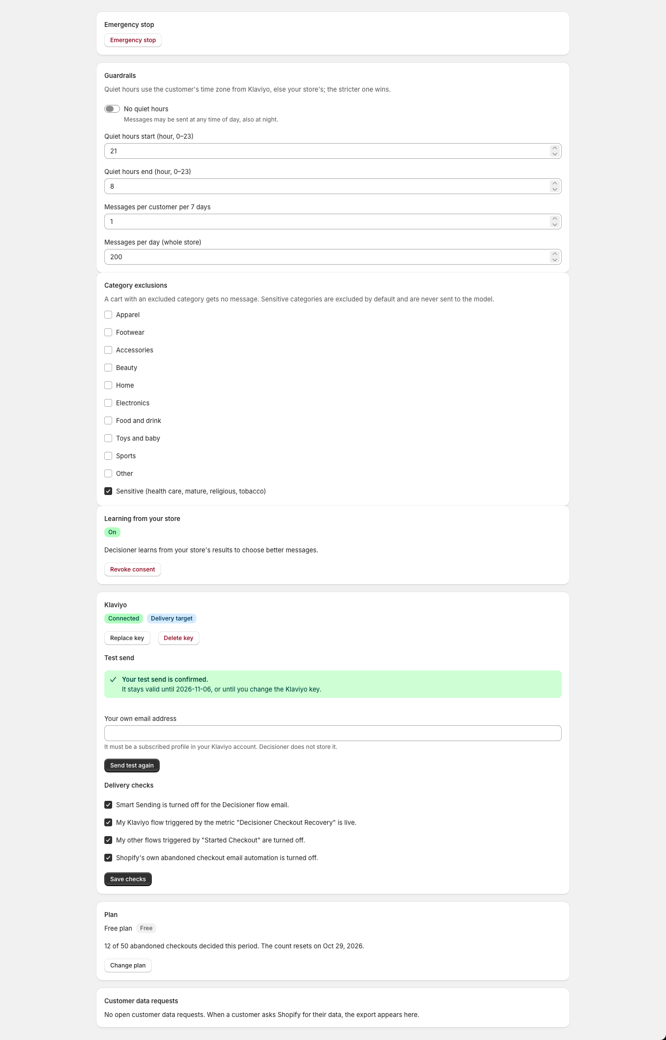 Settings group the emergency stop, quiet hours, frequency and volume caps, category exclusions, learning consent, Klaviyo key, test send, plan and customer data requests.