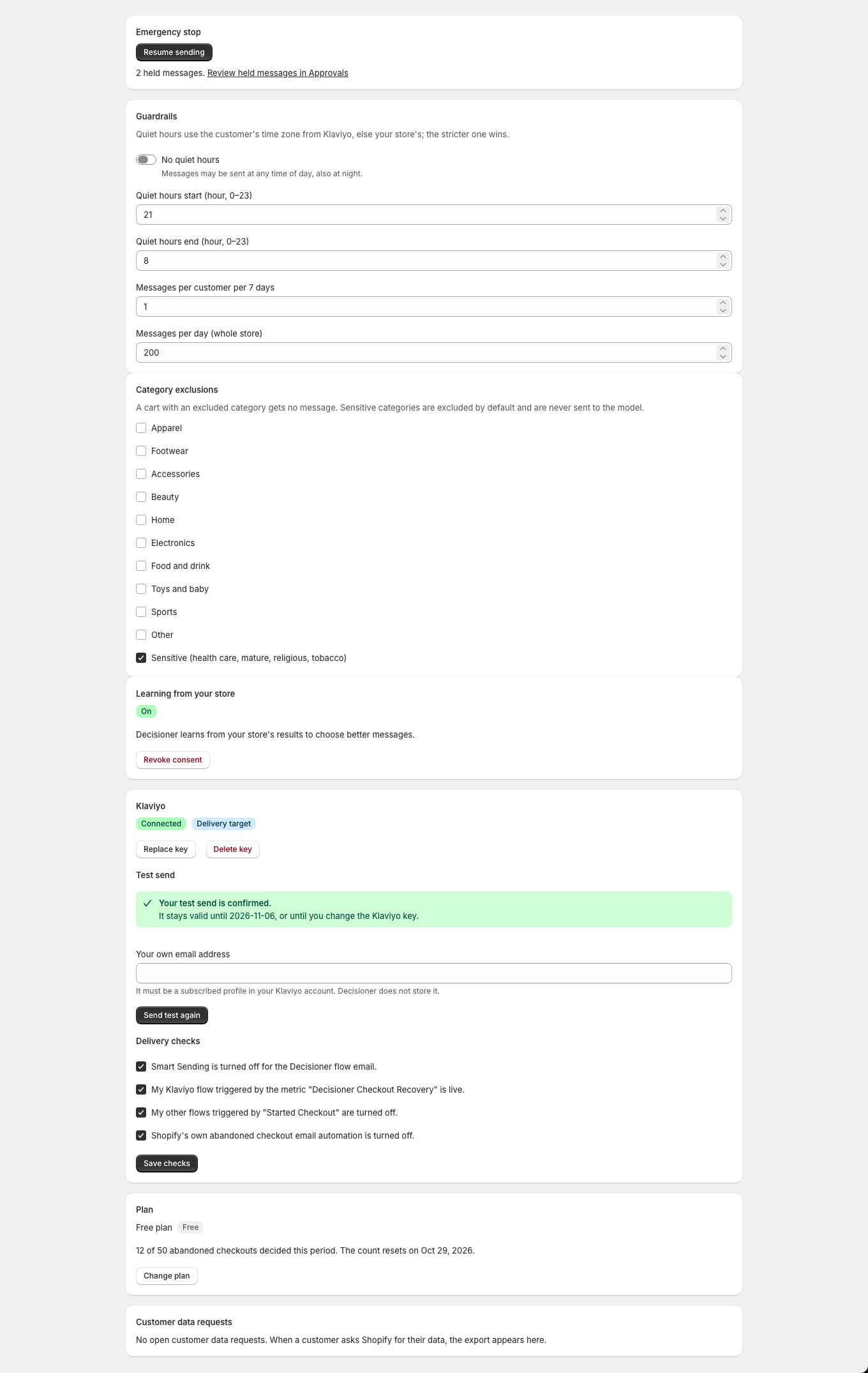 While sending is stopped, Settings shows the held message count, a link to review them and a Resume sending button.