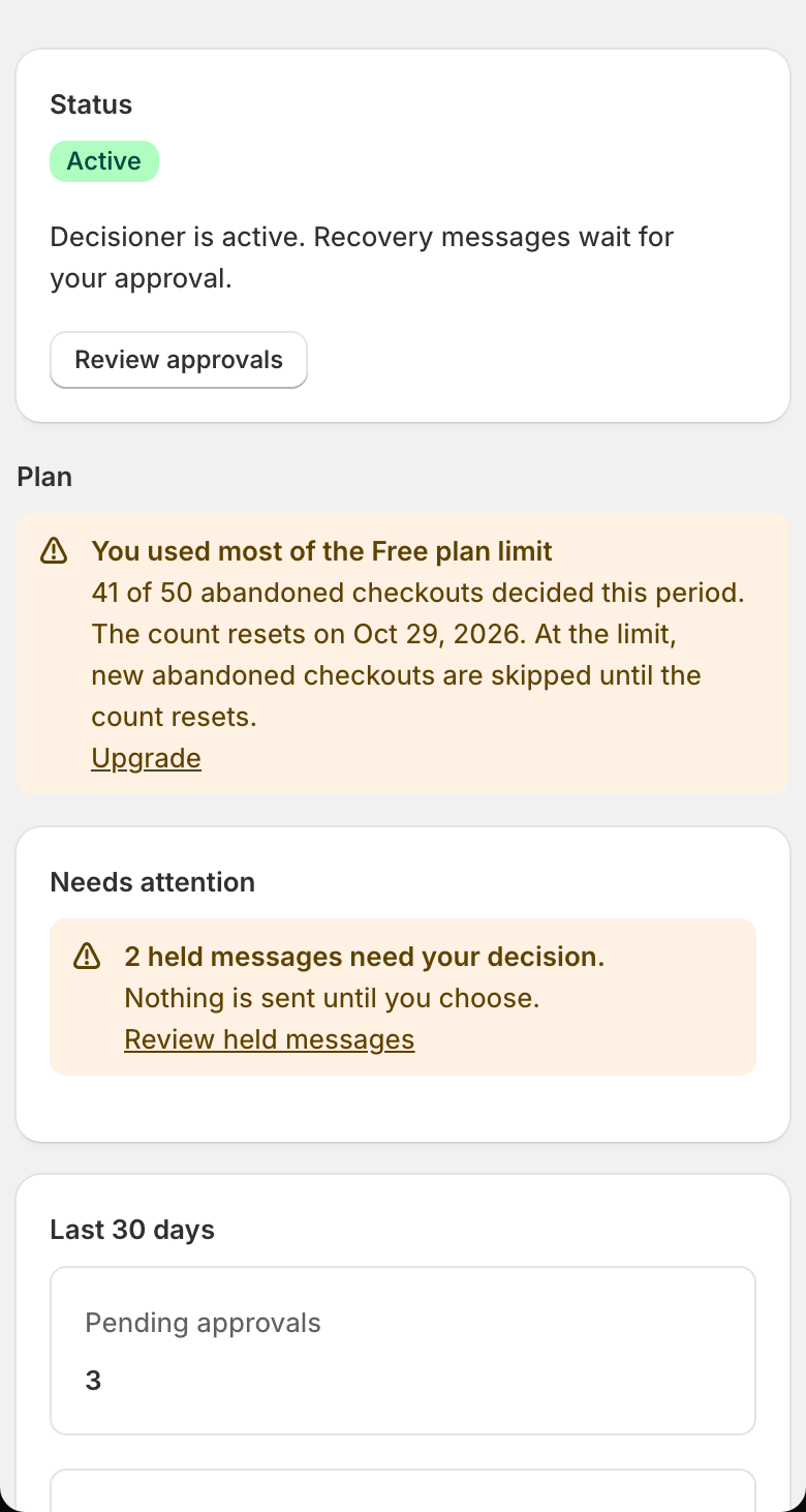 On a phone, Home stacks the status, the plan and held-messages warnings and the 30-day numbers in one column.
