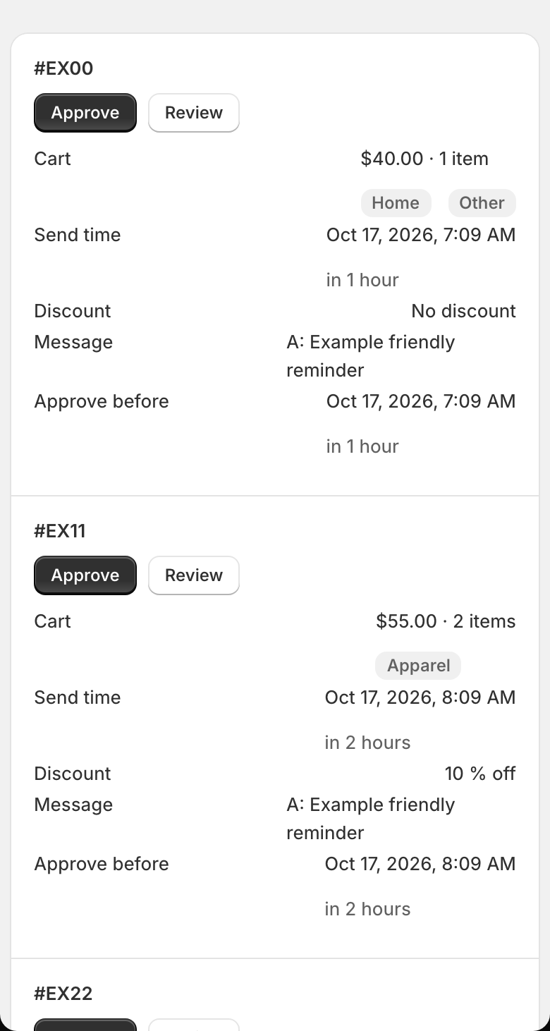 On a phone, each waiting message becomes a card with its cart, send time, discount, message, deadline and the Approve and Review buttons.